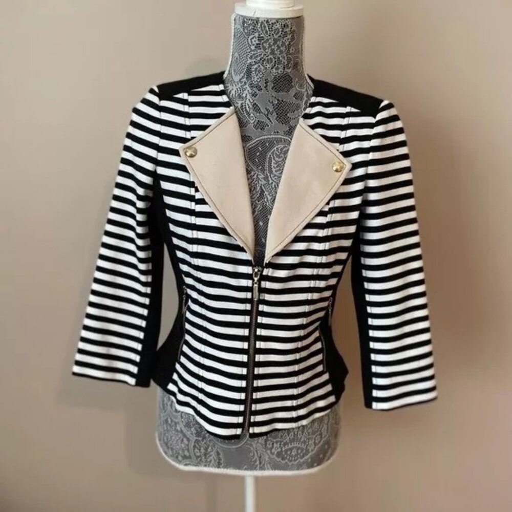 NWOT White House Black Market (WHBM) 3/4 Sleeve Stripe Ponte Moto Jacket, Size 6